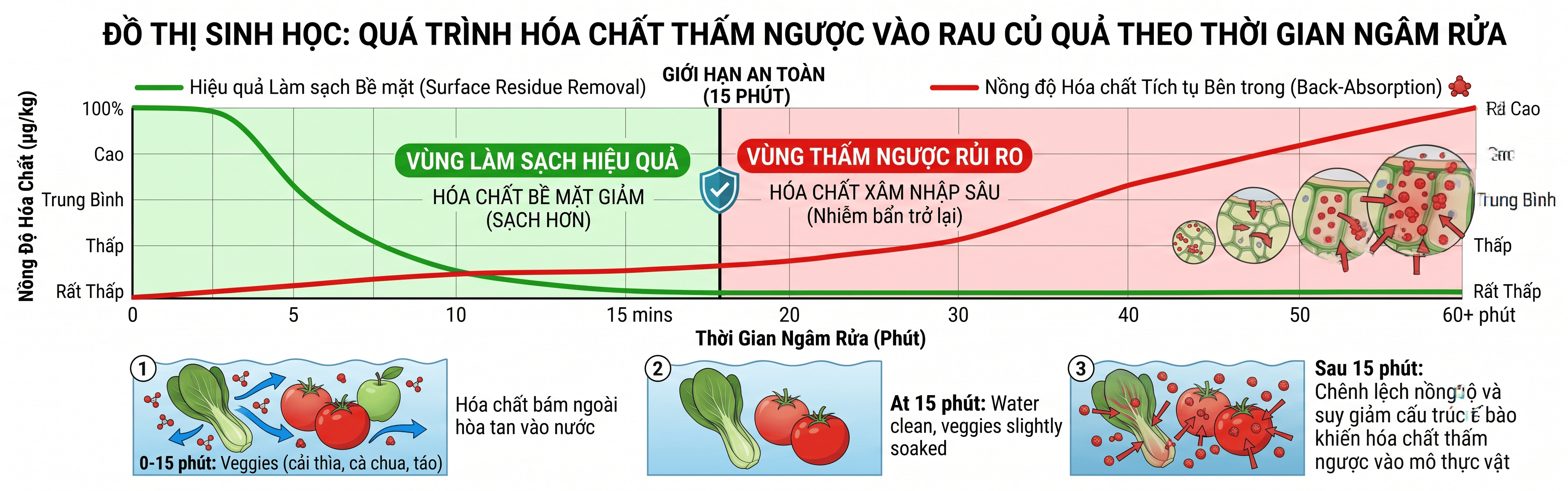 Đồ thị sinh học mô phỏng quá trình hóa chất thấm ngược vào rau củ quả khi thời gian ngâm rửa vượt quá giới hạn mười lăm phút an toàn thay vì sạch hơn.