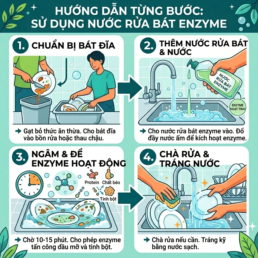 Hướng dẫn các bước dùng nước rửa chén thiên nhiên có mũi tên và chú thích ngắn gọn