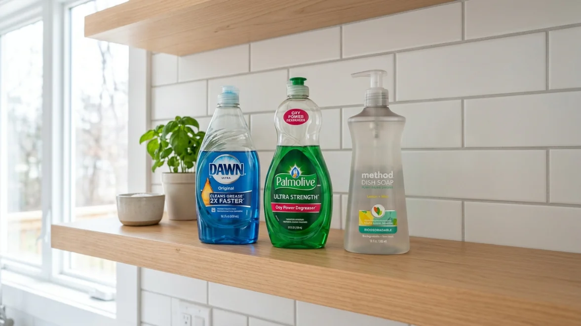 Ba chai nước rửa chén được xếp cạnh nhau trên kệ bếp gỗ: chai Fuwa3e màu xanh lá, chai Sunlight Thiên Nhiên màu trắng xanh, chai Method Baby màu hồng
